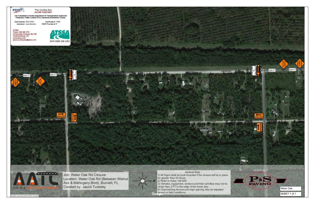 A detailed aerial map displays a road closure plan for Water Oak Rd in Bunnell, FL, Flagler County. It shows detour routes and traffic signs. Surrounding areas include dense vegetation and residential zones. Construction symbols and directions are marked clearly, providing essential news for Palm Coast residents.