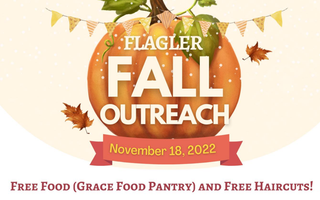 Flagler Fall Outreach event poster featuring a large pumpkin and autumn leaves. The event, highlighted in local news, is on November 18, 2022, in Flagler County and offers free food from Grace Food Pantry and free haircuts. Bunting flags decorate the top of the poster.