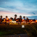 An outdoor evening event in Palm Coast with people gathered on a grassy field surrounded by palm trees. Food trucks, illuminated with lights, dot the area as the sky is painted with hues of blue and pink at sunset. A few tents and a tall light pole are also visible, adding to the serene ambiance in Flagler County.