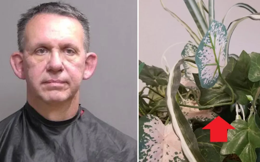 On the left, a man with short gray hair and wearing a dark gown-like garment poses for a mugshot in Flagler County. On the right, a red arrow points to a small camera concealed within the foliage of a houseplant in Palm Coast. This news highlights growing concerns over privacy invasion.