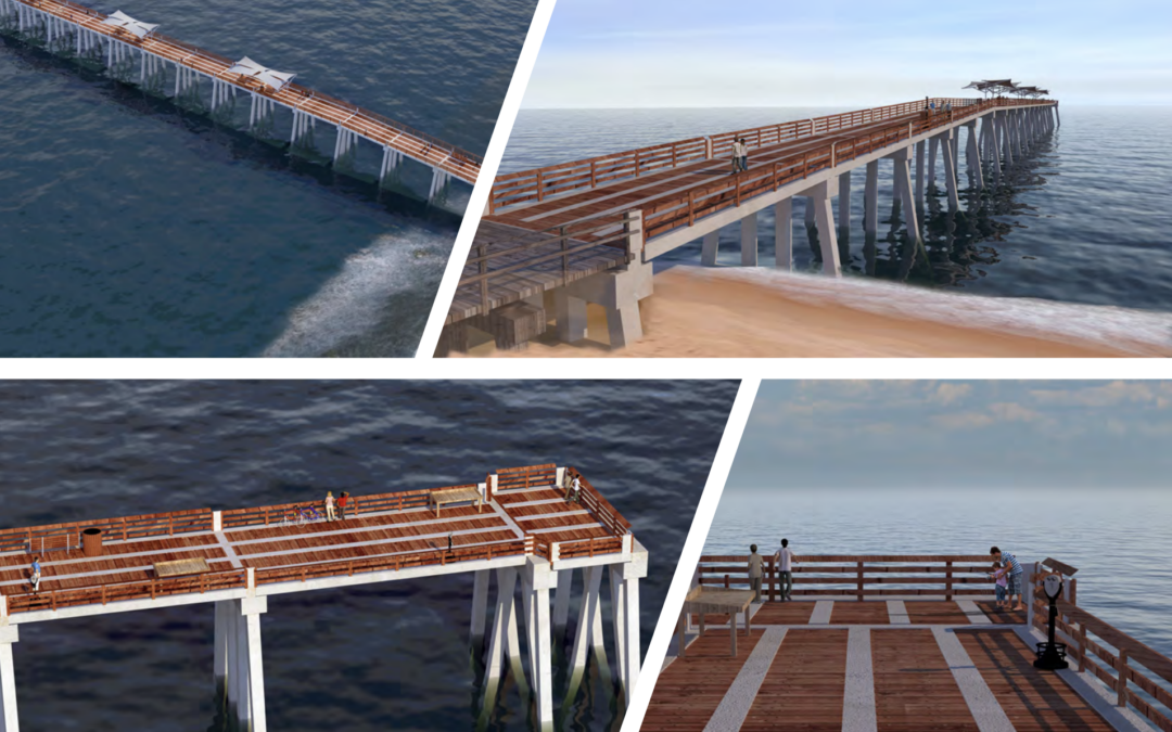 A composite image shows a long pier extending over the ocean in four different views. The pier, with wooden railings and sections, stretches from a sandy Palm Coast beach in Flagler County, offering scenic views and spaces for people to walk and enjoy the sea.