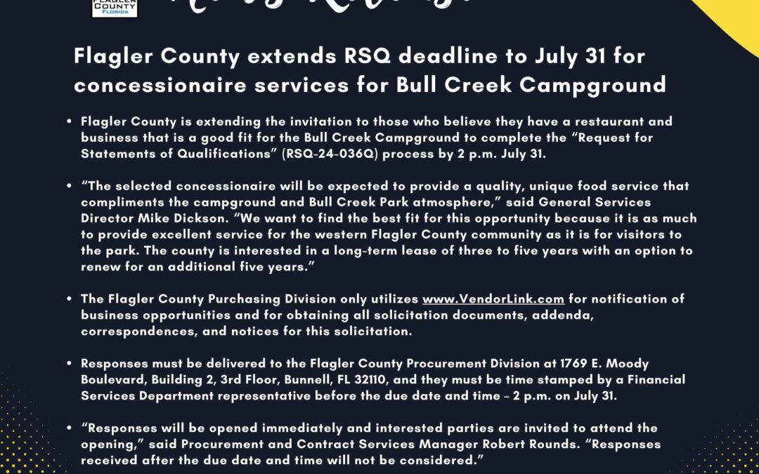 Flagler County extends RSQ deadline to July 31 for concessionaire services for Bull Creek Campground