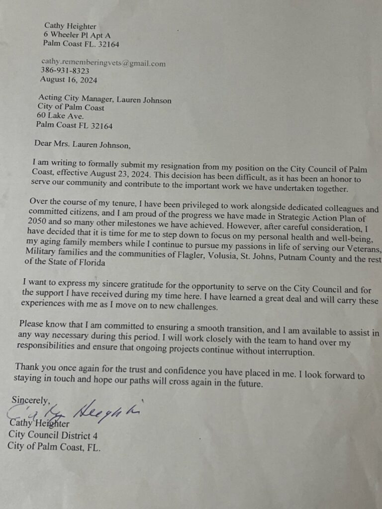 A typed resignation letter from Cathy Heighler, City Council District , Palm Coast, FL, dated August , Addressed to the Acting City Manager, it expresses gratitude for the support during her tenure and announces her resignation effective August ,