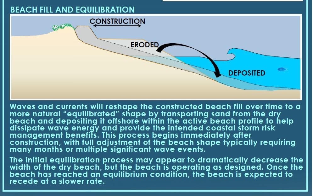 An infographic titled "Beach Fill and Equilibration" shows a constructed beach fill becoming eroded and depositing material offshore, helping to reshape the beach Text explains waves and currents gradually form a more natural beach profile, providing coastal benefits