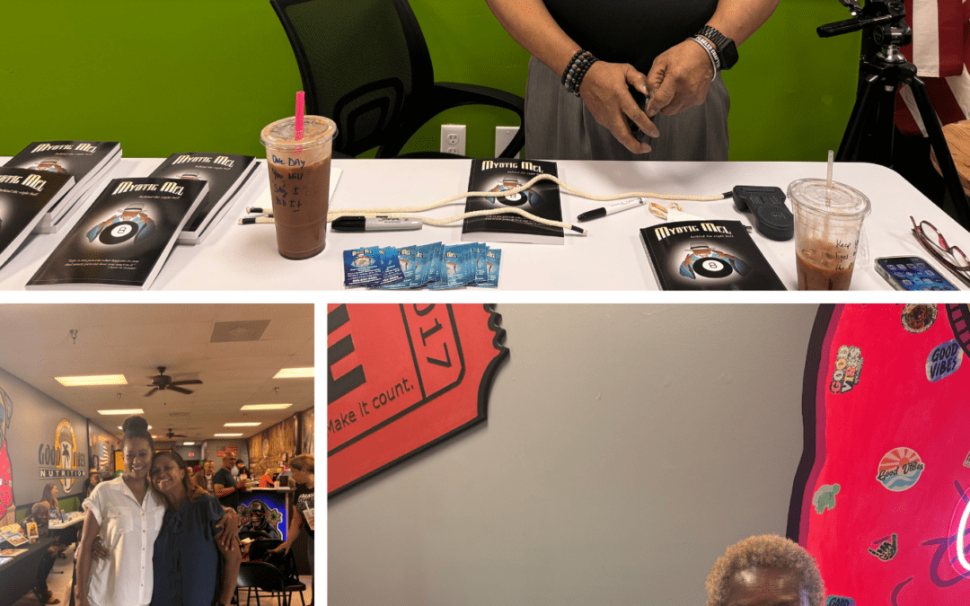 A collage shows various people at a nutrition shop event A man with a hat stands behind a table with books and drinks A woman sits next to a display of books A man and a woman stand together in a busy room Another woman sits at a table displaying books