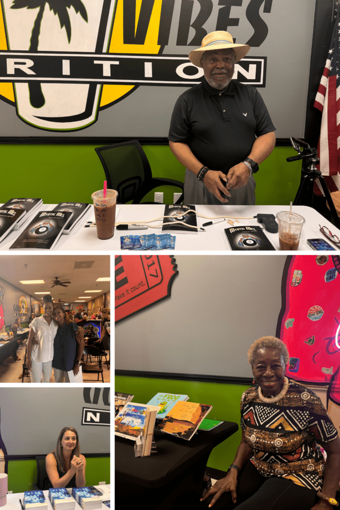 A collage shows various people at a nutrition shop event A man with a hat stands behind a table with books and drinks A woman sits next to a display of books A man and a woman stand together in a busy room Another woman sits at a table displaying books