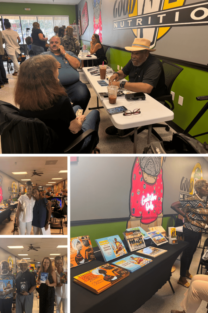 Collage of three images from an event at a store Top image: Man in a hat sits at a table signing books for a woman Bottom left: Group of people posing for a photo Bottom right: Table displaying an array of books and posters