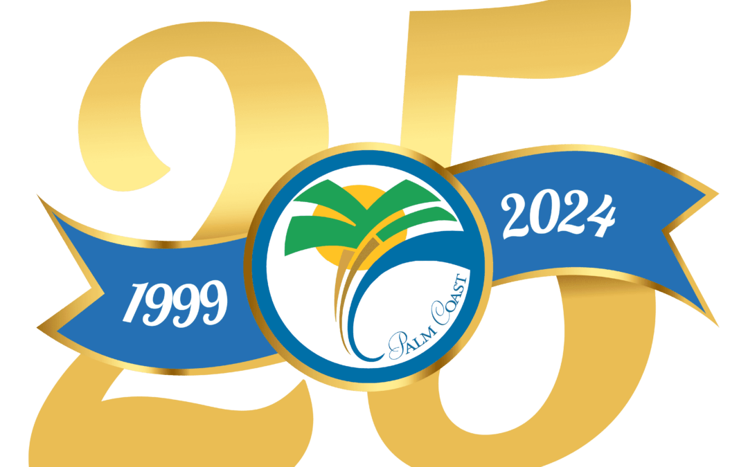 Golden number "" with a blue ribbon across it displaying the years "" and "" The ribbon’s center holds a circular emblem featuring a green palm tree with text reading "Palm Coast" This image celebrates the th anniversary of Palm Coast