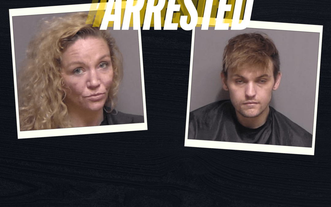 Two mugshots are displayed side by side on a dark background A woman with curly blonde hair and a man with short brown hair, both wearing dark colored clothing, are shown The word "ARRESTED" is prominently overlaid at the top of the image