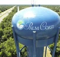 A tall blue water tower with "Palm Coast" and a green and blue logo on its side stands amidst a forested area with a road running through greenery in the background The sky is clear, suggesting a sunny day