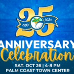 Graphic promoting a th Anniversary Celebration for Palm Coast, featuring a large "" with " " written on a ribbon Event details: Saturday, October , PM at Palm Coast Town Center Background includes a crowd silhouette and a blue gradient