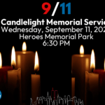 A graphic for a / Candlelight Memorial Service on Wednesday, September , , at Heroes Memorial Park at : PM It features lit candles, the date "/" in red, white, and blue, and logos of sponsoring organizations, with a city skyline silhouette at the bottom