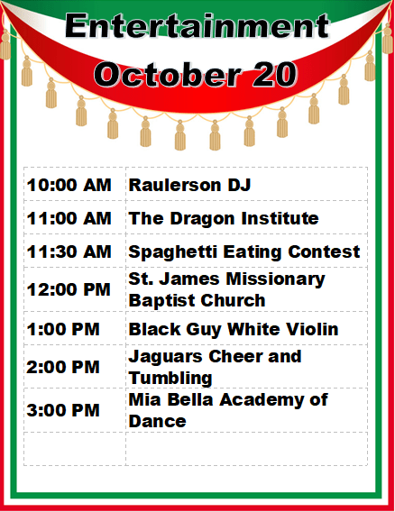 Event schedule for October with a green and red banner at the top List of activities includes Raulerson DJ at AM, The Dragon Institute at AM, Spaghetti Eating Contest at : AM, and more performances until PM