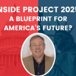 A promotional graphic with a split red and blue background featuring the US Capitol on the left and the Statue of Liberty on the right It includes the text "Inside Project : A Blueprint for America's Future?" and displays a smiling man in a brown blazer