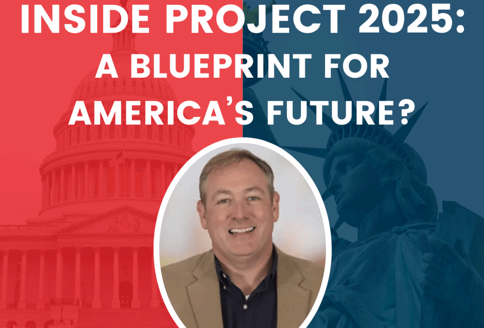 A promotional graphic with a split red and blue background featuring the US Capitol on the left and the Statue of Liberty on the right It includes the text "Inside Project : A Blueprint for America's Future?" and displays a smiling man in a brown blazer