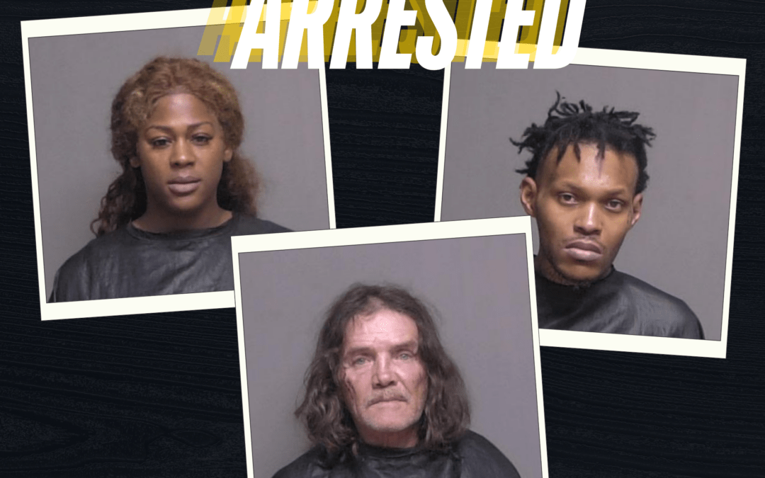 Collage of three mugshots with the word "ARRESTED" in bold, yellow text at the top The images feature two individuals with short and long hairstyles and one individual with long, curly hair The background is a dark, textured surface