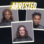 Collage of three mugshots with the word "ARRESTED" in bold, yellow text at the top The images feature two individuals with short and long hairstyles and one individual with long, curly hair The background is a dark, textured surface