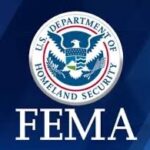 FEMA logo with the U S Department of Homeland Security emblem featuring an eagle holding branches and arrows, over a blue background