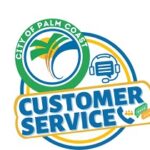 Logo featuring a stylized palm tree inside a circle labeled "City of Palm Coast " Below, a banner reads "Customer Service" with icons of a phone, headset, and chat bubbles Dominant colors are green, blue, and yellow