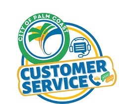 Logo featuring a stylized palm tree inside a circle labeled "City of Palm Coast " Below, a banner reads "Customer Service" with icons of a phone, headset, and chat bubbles Dominant colors are green, blue, and yellow