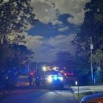 Nighttime scene of a road lined with trees, illuminated by the flashing blue and red lights of several emergency vehicles Clouds partially cover the sky, and a parked orange vehicle is visible on the right side of the image