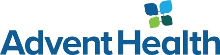 Logo of AdventHealth featuring the name in blue text with a stylized symbol above, consisting of four abstract leaf shapes in shades of blue and green