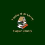 Logo featuring a stack of books with the text "Friends of the Library" above and "Flagler County" below, set against a dark green background, representing the vibrant community spirit of Palm Coast