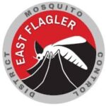 Logo of the East Flagler Mosquito Control District It features a stylized mosquito over a red background, surrounded by a gray circle with the district's name