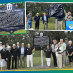 Collage of two images showcasing the unveiling of a historical marker for Hernandez Landing A group of people stands around the marker, which is covered in one photo and uncovered in another One image includes a close up of the marker's text