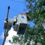 A worker in a bucket lift is elevated amongst trees, repairing power lines The lift bears the logo "FPL " The background features a bright blue sky