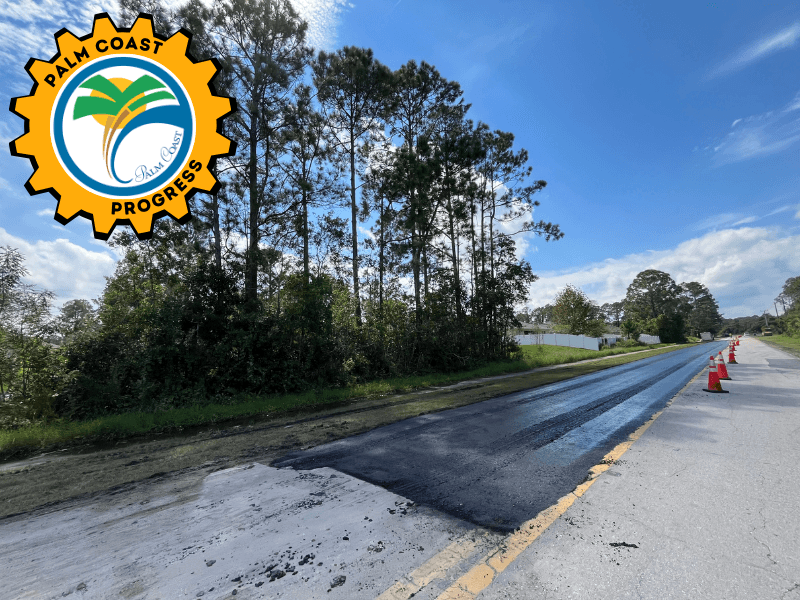 A freshly paved section of road stretches under a clear blue sky, bordered by trees on the left Orange traffic cones are placed on the right A logo in the top left corner displays "Palm Coast Progress