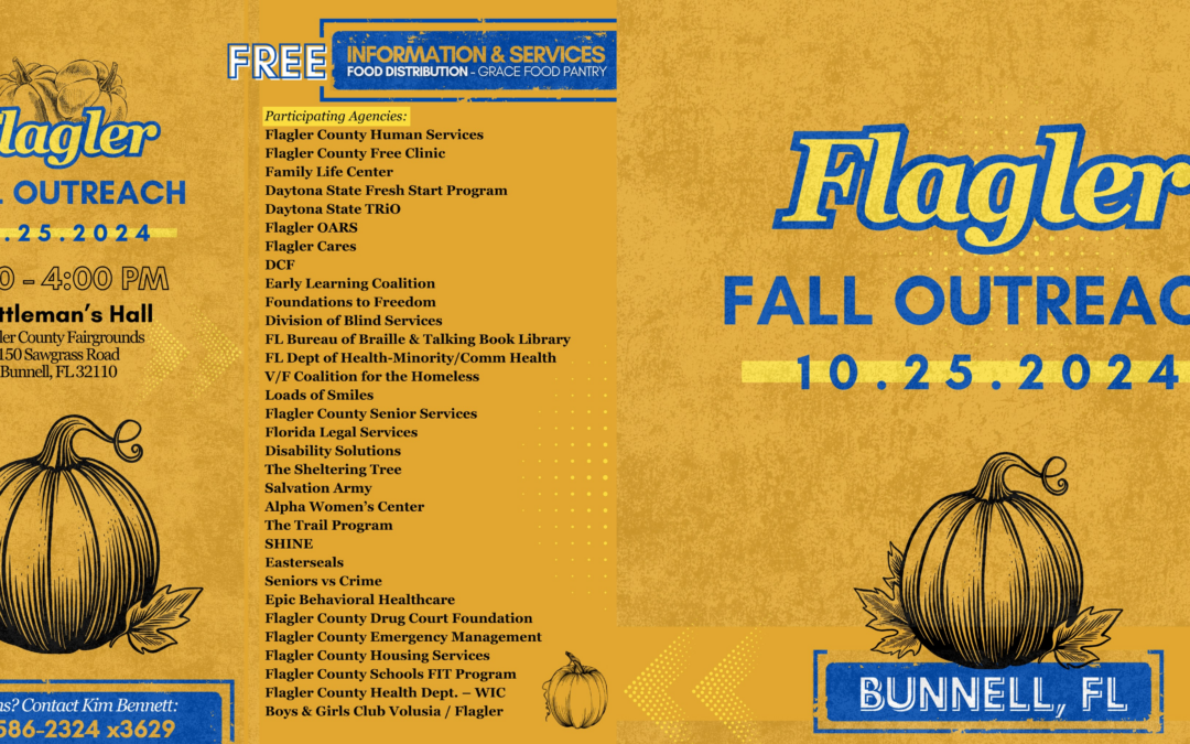 Promotional flyer for Flagler Fall Outreach event on , : : PM at Cattleman's Hall, highlighting participating agencies and contact information Blue pumpkins and decorative accents on a yellow background Contact number provided