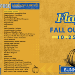 Promotional flyer for Flagler Fall Outreach event on , : : PM at Cattleman's Hall, highlighting participating agencies and contact information Blue pumpkins and decorative accents on a yellow background Contact number provided