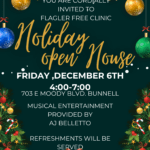 Festive holiday open house invitation with hanging ornaments, lights, and holly Event details: December th, : : PM, E Moody Blvd, Bunnell Entertainment by AJ Belletto, refreshments served