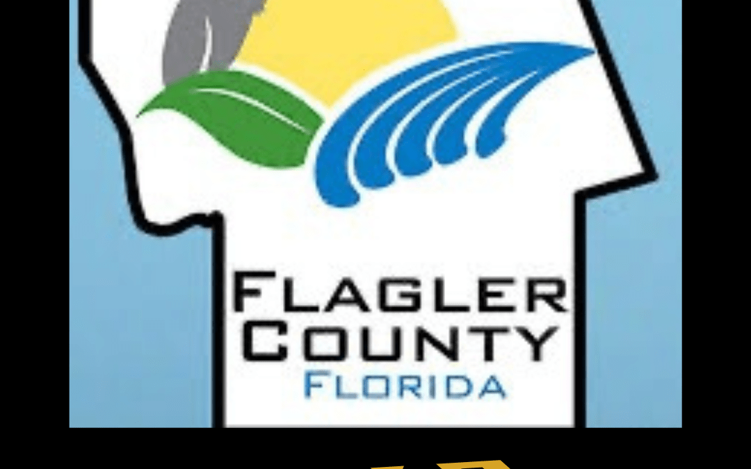 Map outline of Flagler County, Florida with a sun, bird, leaf, and wave design Text underneath reads "Flagler County Florida " Below in bold yellow letters: "COLD WEATHER SHELTER