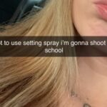 A close up of a person with long blonde hair, showing their lips and part of the face Text overlay reads, "i forgot to use setting spray i'm gonna shoot up the school