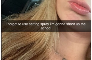 A close up of a person with long blonde hair, showing their lips and part of the face Text overlay reads, "i forgot to use setting spray i'm gonna shoot up the school