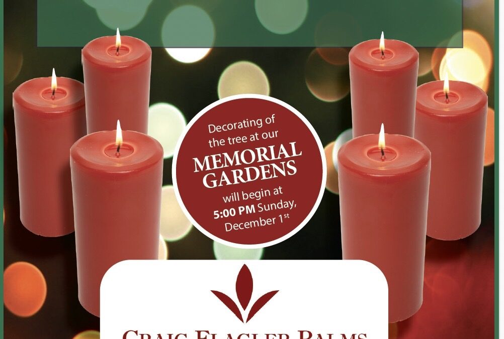 Flyer for the th Annual Memorial Tree Lighting at Flagler Palms Memorial Gardens, featuring red candles and event details for December st, : PM at Old Kings Road, Flagler Beach, Florida Contact number: