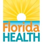 Logo of Florida Health featuring a stylized sun rising over the ocean The text "Florida HEALTH" is in bold letters, with "Florida" in orange and "HEALTH" in blue beneath the sun and water graphics