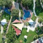 Aerial view of a lush park with a playground, pathways, and a small pool The scene features geometric shade structures, trees, grassy areas, and parked cars at the bottom right