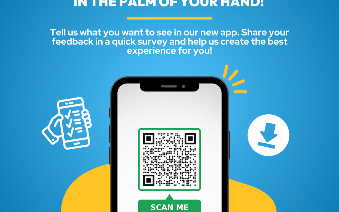 Promotional image for a Palm Coast app featuring a smartphone displaying a QR code Text encourages sharing feedback via the app Includes a download icon, website link (bit ly/palmcoastcema), and a circular logo in the bottom left corner