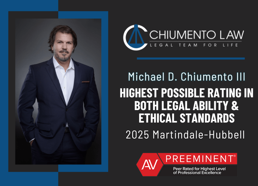 Lawyer standing confidently with arms crossed, wearing a suit Text reads: "CHIUMENTO LAW Michael D Chiumento III Highest possible rating in both legal ability & ethical standards Martindale Hubbell AV Preeminent