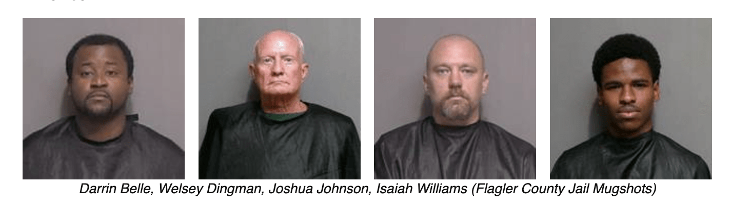 Four mugshots of men wearing black shirts, each pictured against a plain background