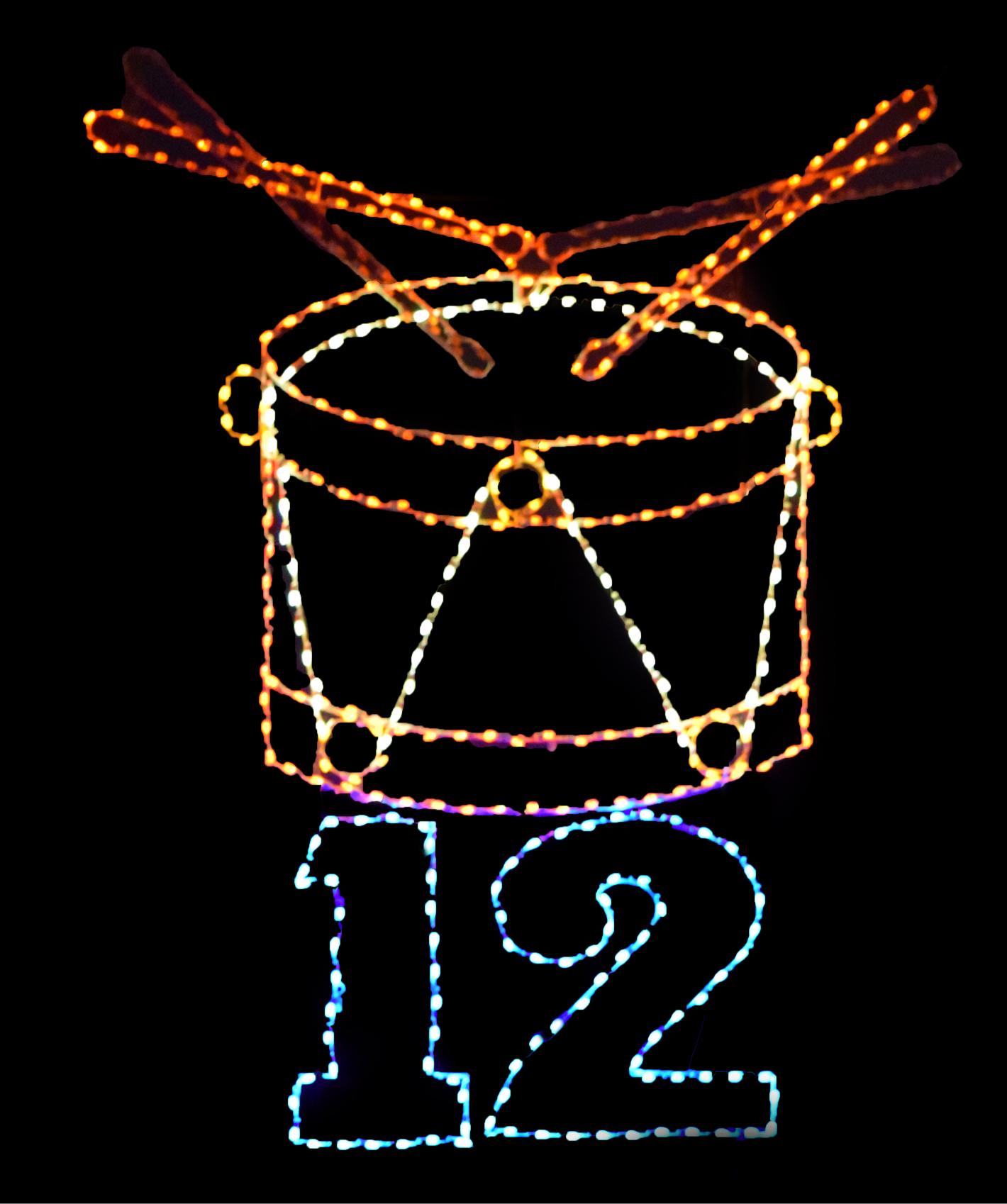 An illuminated display of a drum with crossed drumsticks above the number "," set against a black background The outlines are created with colorful holiday lights