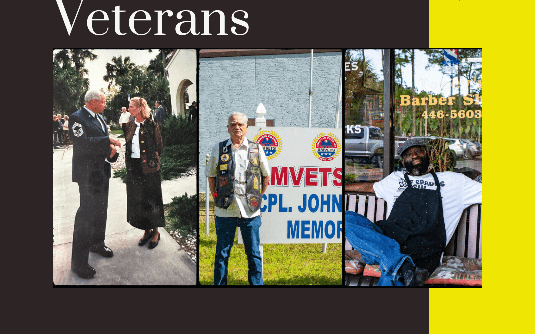 A collage features three images of Flagler County veterans: one in uniform shaking hands, another standing proudly before an AMVETS sign, and a third seated outside a barber shop The text reads "Honoring Our Veterans," accented by a yellow stripe on the right