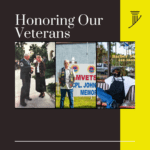 A collage features three images of Flagler County veterans: one in uniform shaking hands, another standing proudly before an AMVETS sign, and a third seated outside a barber shop The text reads "Honoring Our Veterans," accented by a yellow stripe on the right