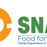 Logo for D SNAP, Food for Florida It features an orange circle with a green leaf representing the letter "O" in "D SNAP " Text below reads "Food for Florida, Florida Department of Children & Families