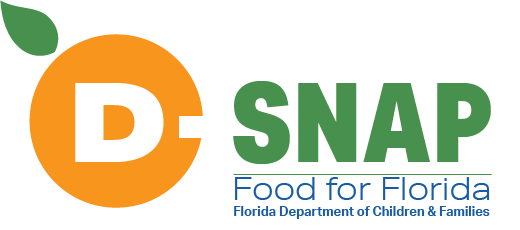 Logo for D SNAP, Food for Florida It features an orange circle with a green leaf representing the letter "O" in "D SNAP " Text below reads "Food for Florida, Florida Department of Children & Families