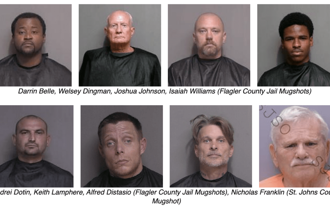 A grid of eight mugshots shows men in dark garments Their expressions are varied Names and locations are labeled below each image: Flagler County and St Johns County jails