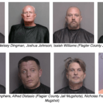 A grid of eight mugshots shows men in dark garments Their expressions are varied Names and locations are labeled below each image: Flagler County and St Johns County jails